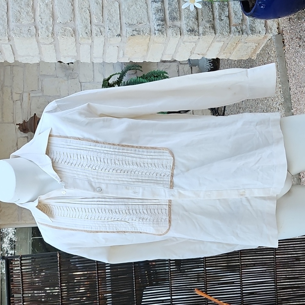 Dos Carolinas Guayabera Mens Large Long Sleeve Pockets Cream Linen Shirt Damage